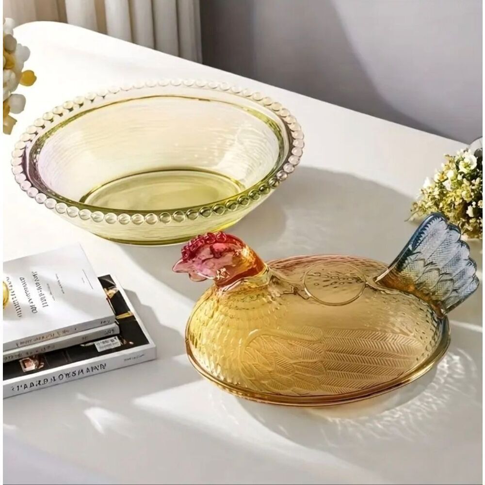 Mini Whimsical Glazed Crystal Chicken Hen Trinket Dish with Removeable Lid - Picture 2 of 2